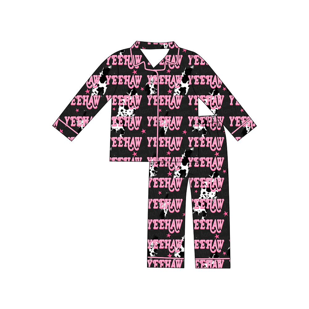 Preorder moq 5 Adult Long Sleeve Cow Print Lights Yeehaw Button Top Pants Western Pajamas Sets