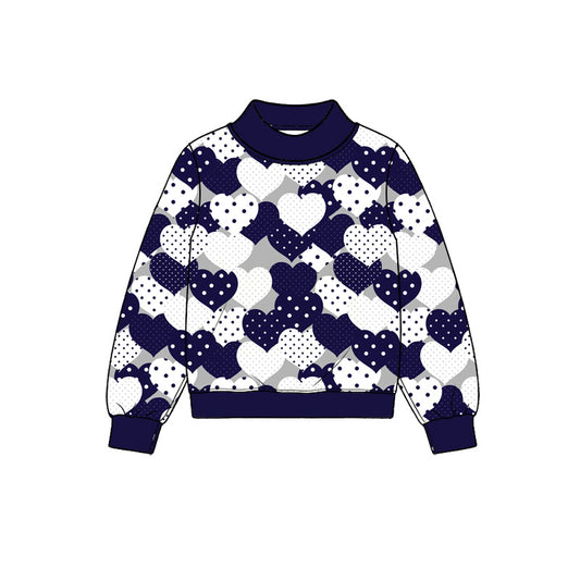 Preorder (moq 5) Women Clothes Navy White Polka Dot Heart Mixed Print Long Sleeve Mock Neck Sweatshirt