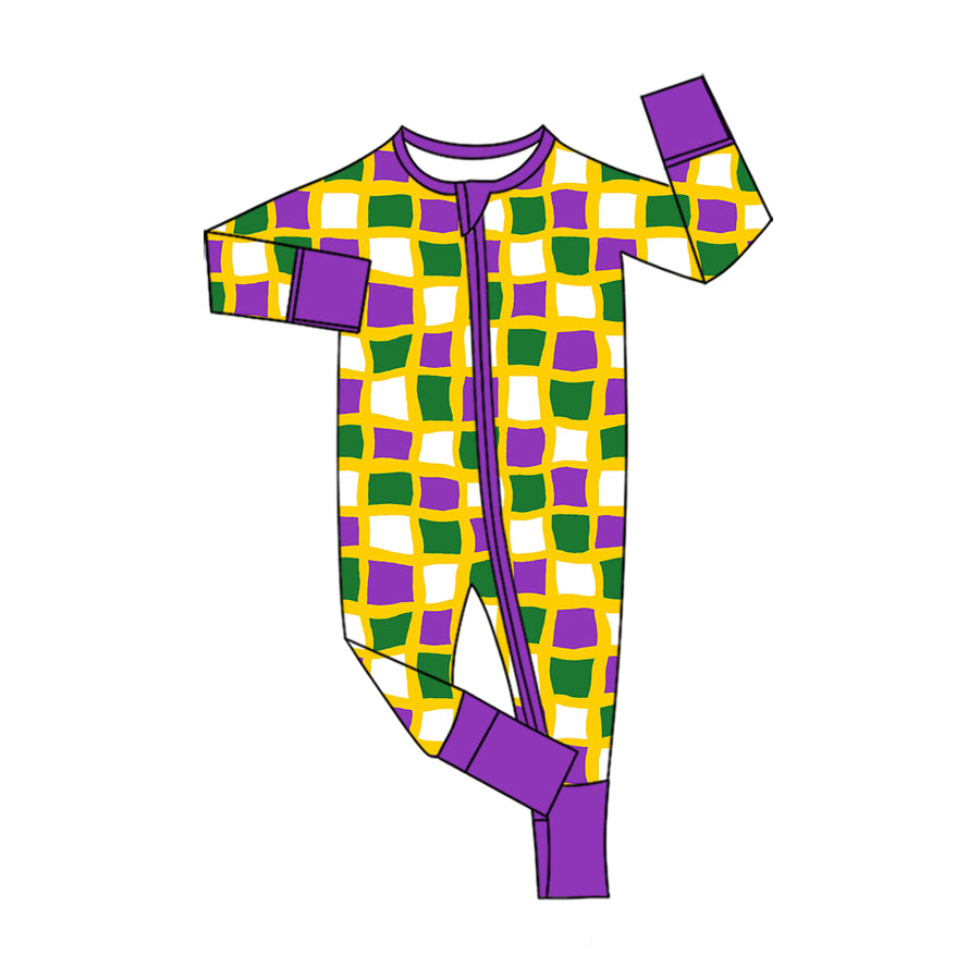 Preorder (moq 5) Baby Boys Mardigras Checked Two Way Zip Convertible Rompers