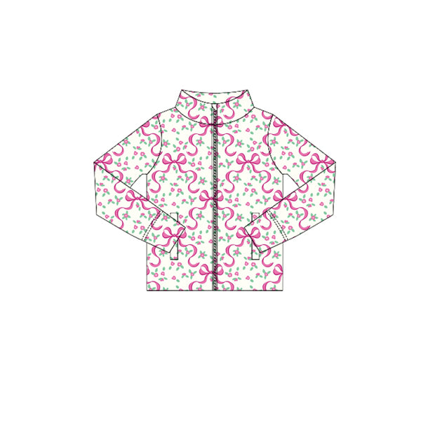Preorder (moq 5)Baby Girls Long Sleeves Pink Bows Flower Plaid Zipper Pockets Yoga Jackets Top