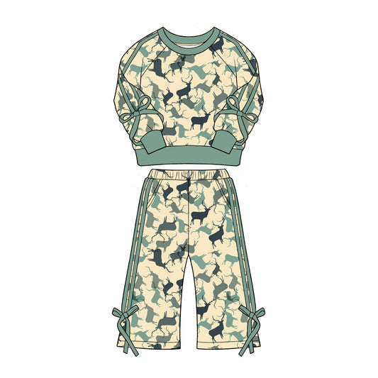 Preorder (moq 5)Baby Girls Green Deer Top Flare Pockets Pant Hunting Clothes Sets