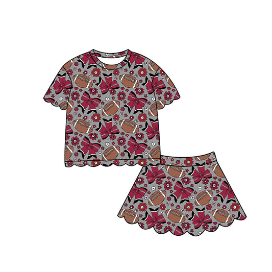 Preorder (moq 5)Baby Girls Red Flowers Footballs Top Scallop Shorts Team Clothes Sets