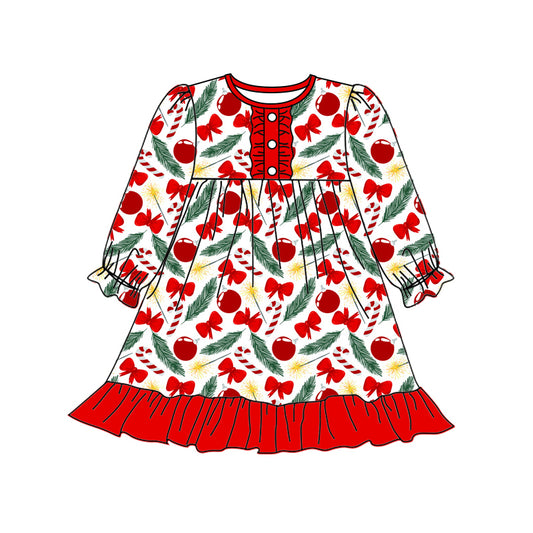 Preorder (moq 5)Baby Girls Long Ruffle Sleeves Red Bows Cherry Button Knee Length Dresses