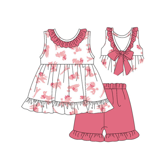 Preorder (moq 5)Baby Girls Sleeveless Pink Tower Dogs Round Collar Tunic Ruffle Shorts Clothes Sets