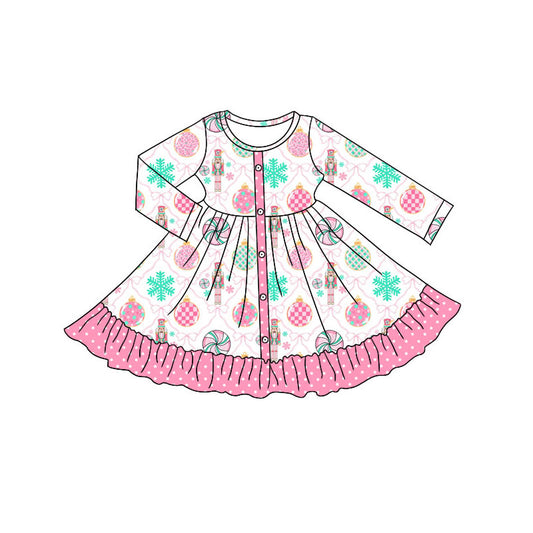 Preorder (moq 5)Baby Girls Pink Bows Soldiers Button Ruffle Christmas Knee Length Dresses