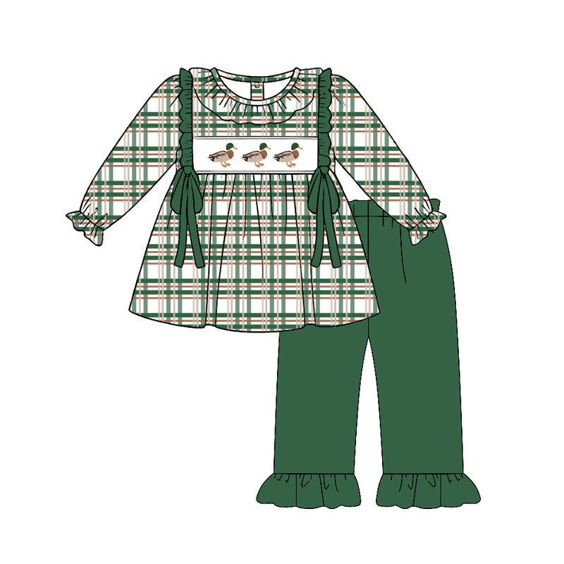 Preorder (moq 5)Baby Girls Green Checked Ducks Tunic Ruffle Pant Hunting Clothes Sets
