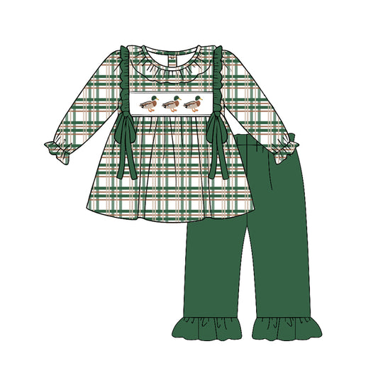 Preorder (moq 5)Baby Girls Green Checked Ducks Tunic Ruffle Pant Hunting Clothes Sets