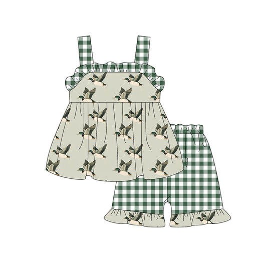 Preorder moq 5 Baby Girls Green Plaid Strap Ducks Tunic Ruffle Short Set