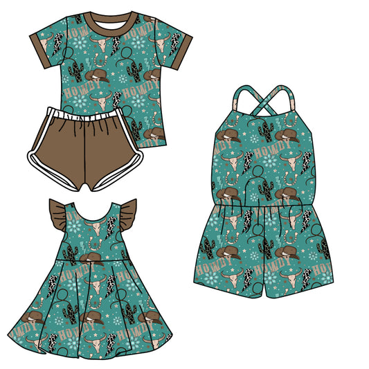 Preorder moq 5 Custom Baby Girls Green Short Sleeves Bull Skull Cactus Top Short Set Knee Length Dress Jumpsuits