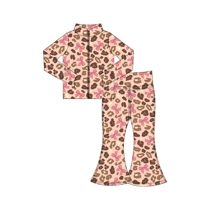 Preorder (moq 5)Baby Girls Pink Bows Leopard Zipper Jacket Top Bell Bottom Pants Set