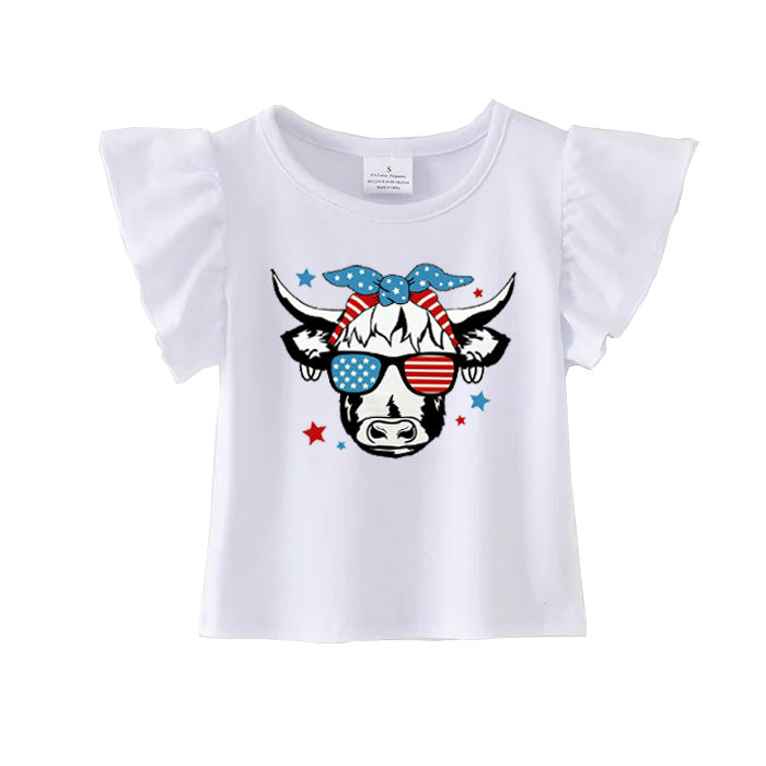 Baby Girls Cow 4th Of July Flutter Sleeve Tee Shirts Tops Preorder(moq 5)