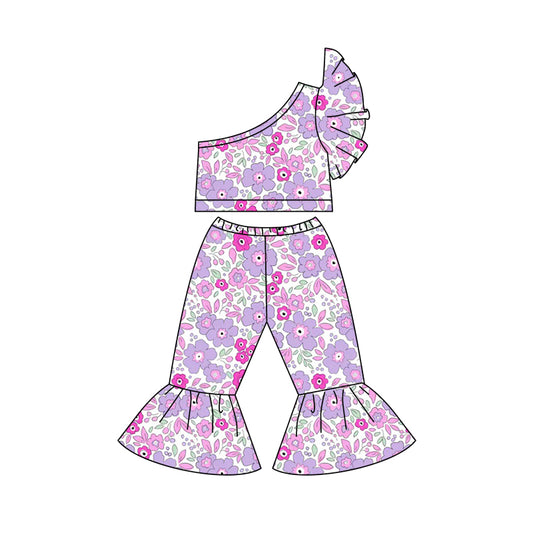 Baby Girls One Shoulder Purple Flowers Top Bell Pants Clothes Sets preorder (moq 5)