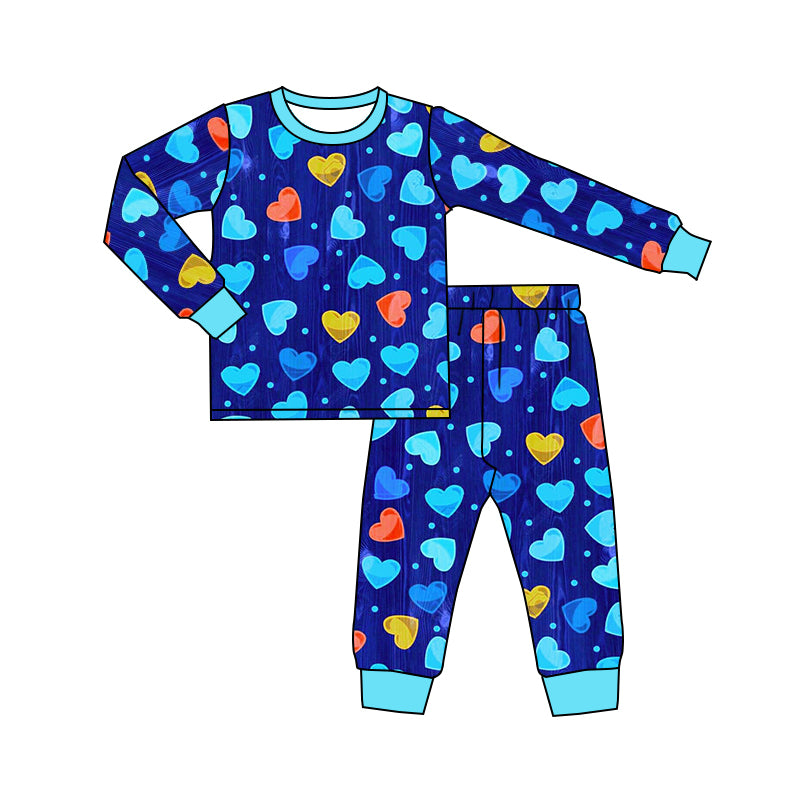 Baby Boys Valentines Blue Hearts Top Pants Pajamas Clothes Sets preorder(moq 5)