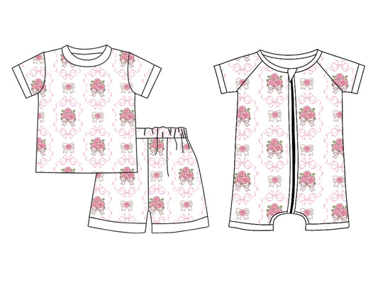 Preorder(moq 5 each)Sibling Baby Girls Valentines Rose Bows Top Shorts Pajamas Rompers Clothes Sets