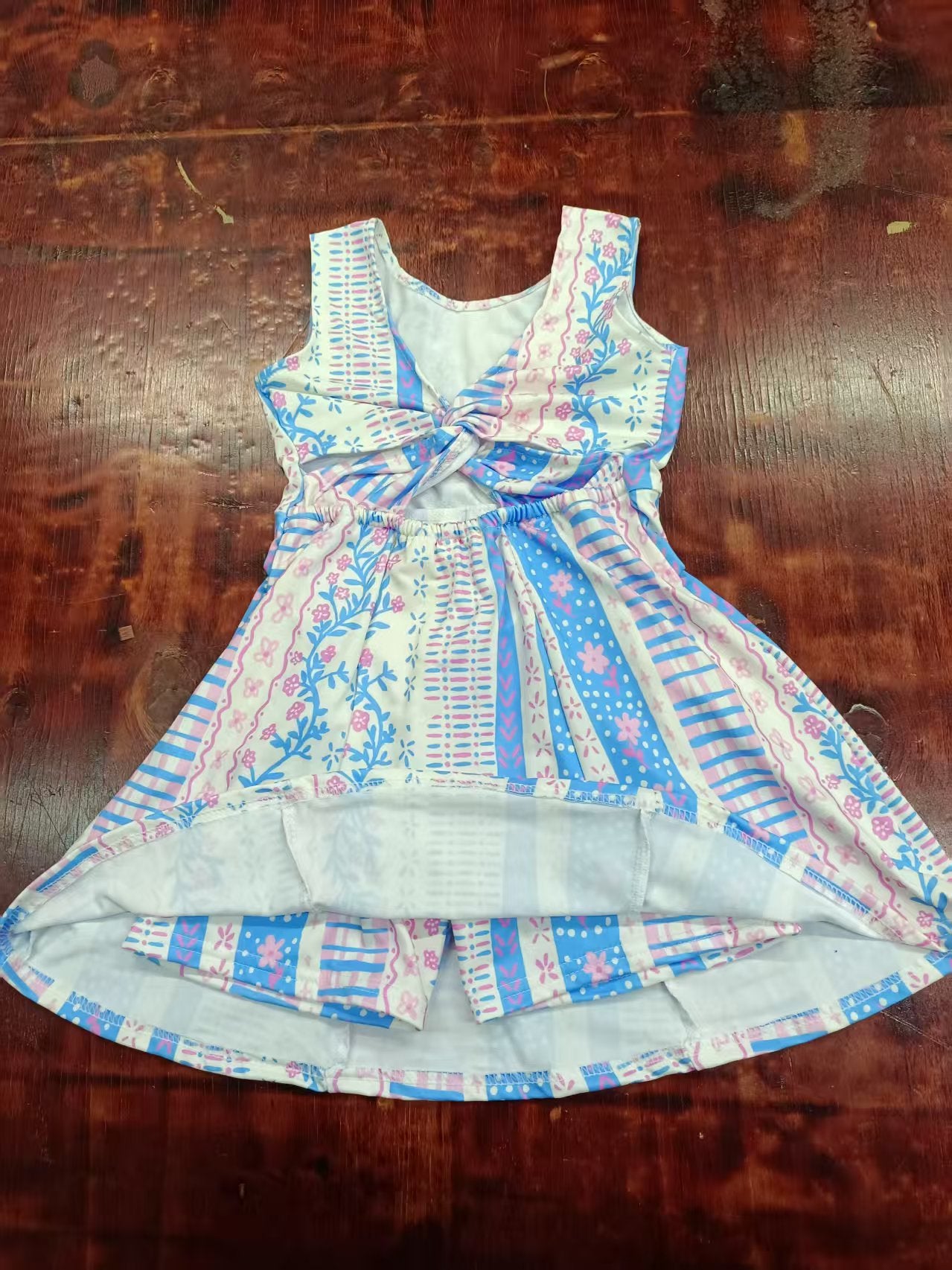 Preorder moq 5 Baby Girls Sleeveless Blue Pink Floral Stripe Skorts Knee Length Dress