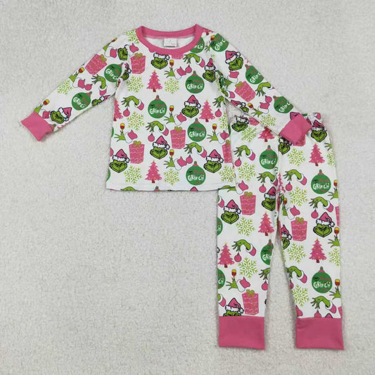 Sibling Baby Girls Green Faces Trees Lights Christmas Ruffle Knee Length Dress Pajamas Sets Footie Rompers