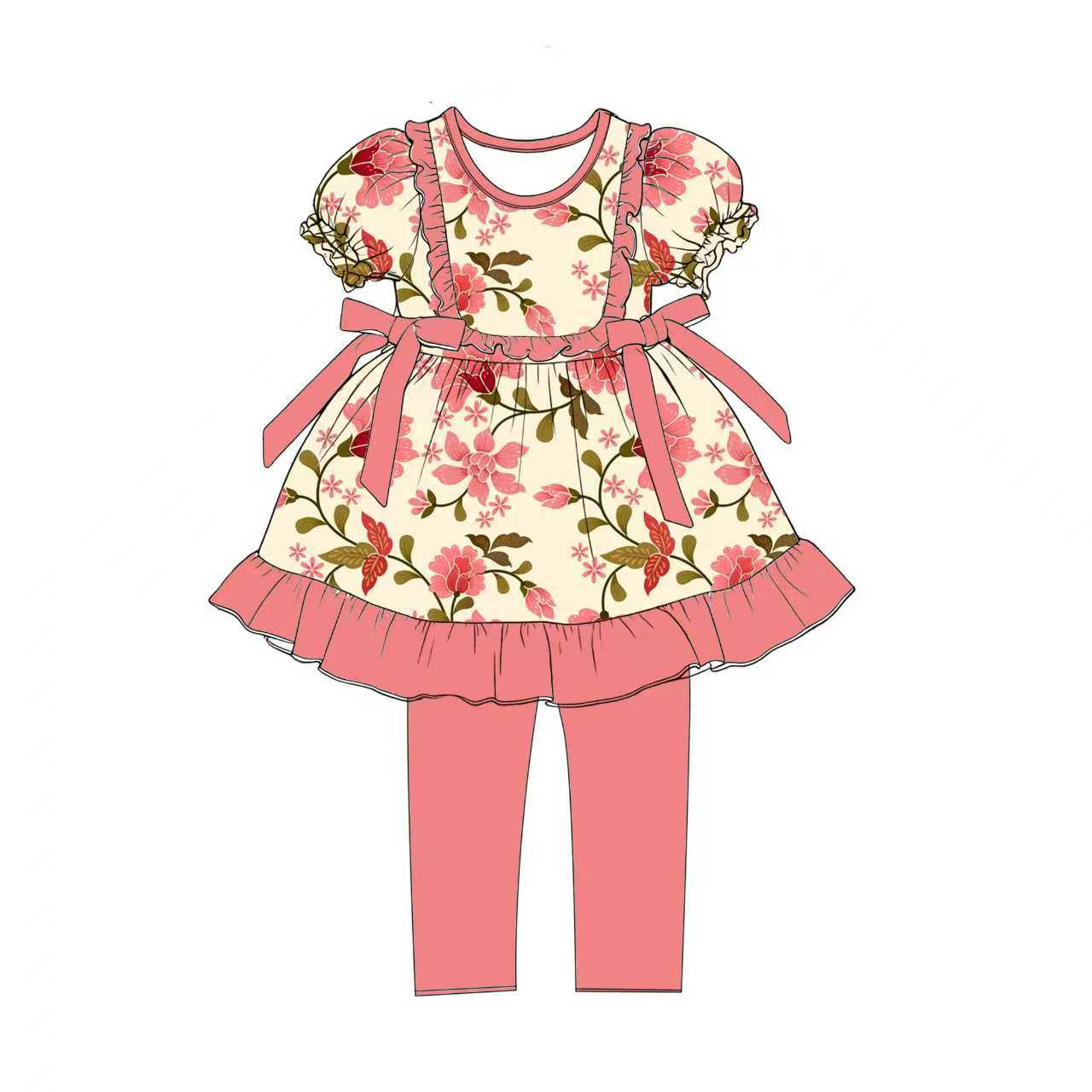 Preorder (moq 5)Baby Girls Pink Flowers Bows Tunic Legging Pants Clothes Sets