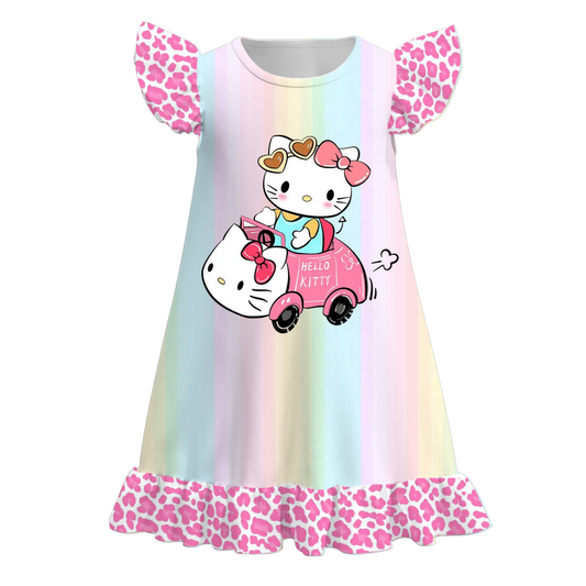 Baby Girls Pink Tie Dye Cats Flutter Sleeve Knee Length Dresses Preorder(moq 5)
