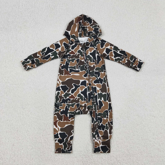Baby Boys Southern Dark Brown Camo Hoodie Two Way Zip Convertible Rompers