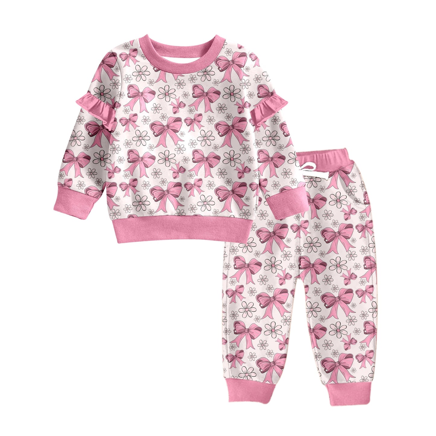 Baby Girls Pink Bows Flowers Top Pants Clothes Sets preorder(MOQ 5)