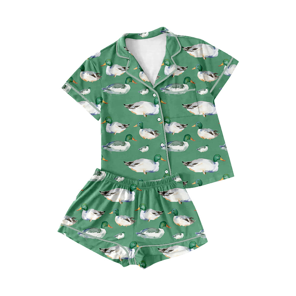 Baby Girls Toddler Duck Green Short Sleeve Buttons Shirt Shorts Pajamas Clothes Sets preorder(moq 5)