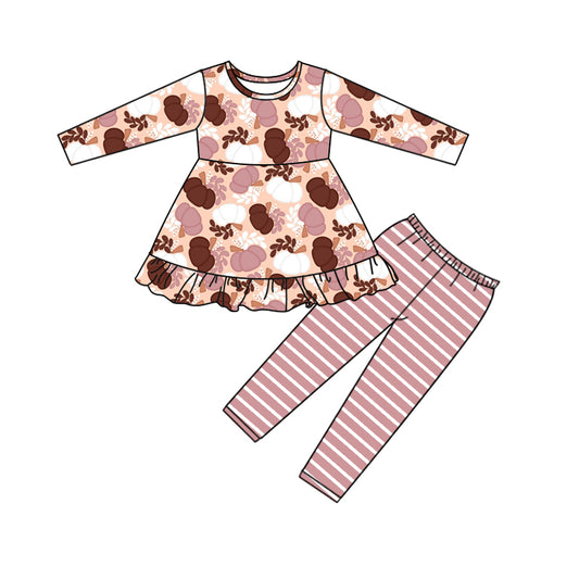 Baby Girls Pink Pumpkin Ruffle Top Stripes Legging Pants Clothes Sets Preorder(moq 5)