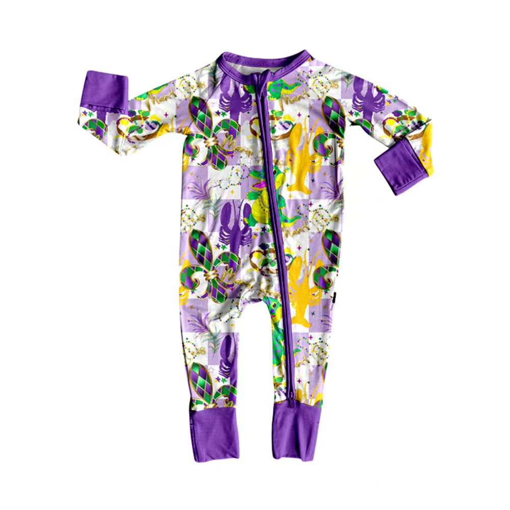 Preorder (moq 20)Baby Boys Bamboo Purple Checked Crayfishes Mardi Gras Zippy Footie Rompers