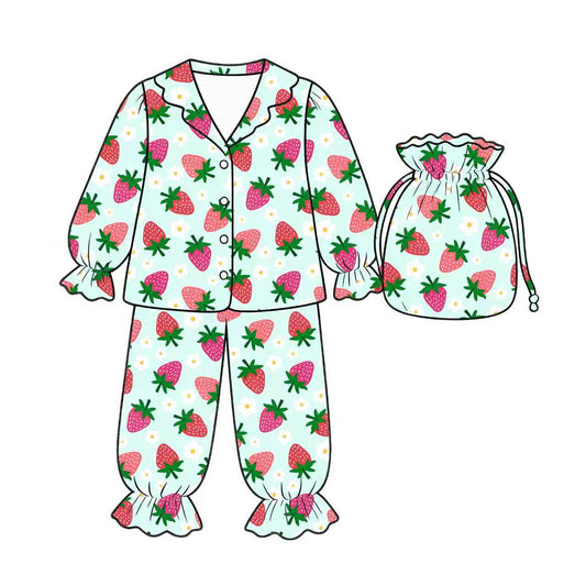 Preorder (moq 5)Baby Girls Strawberry Flowers Button Top Ruffle Pants Pajamas Set