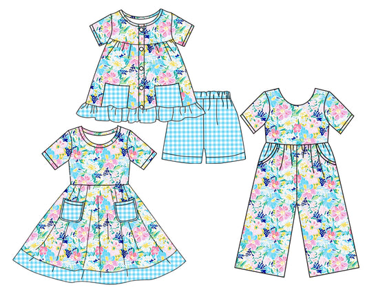 Preorder moq 5 Custom Baby Girls Short Sleeves Button Watercolor Floral Blue Plaid Pockets Tunic Short Set Knee Length Dress Jumpsuits