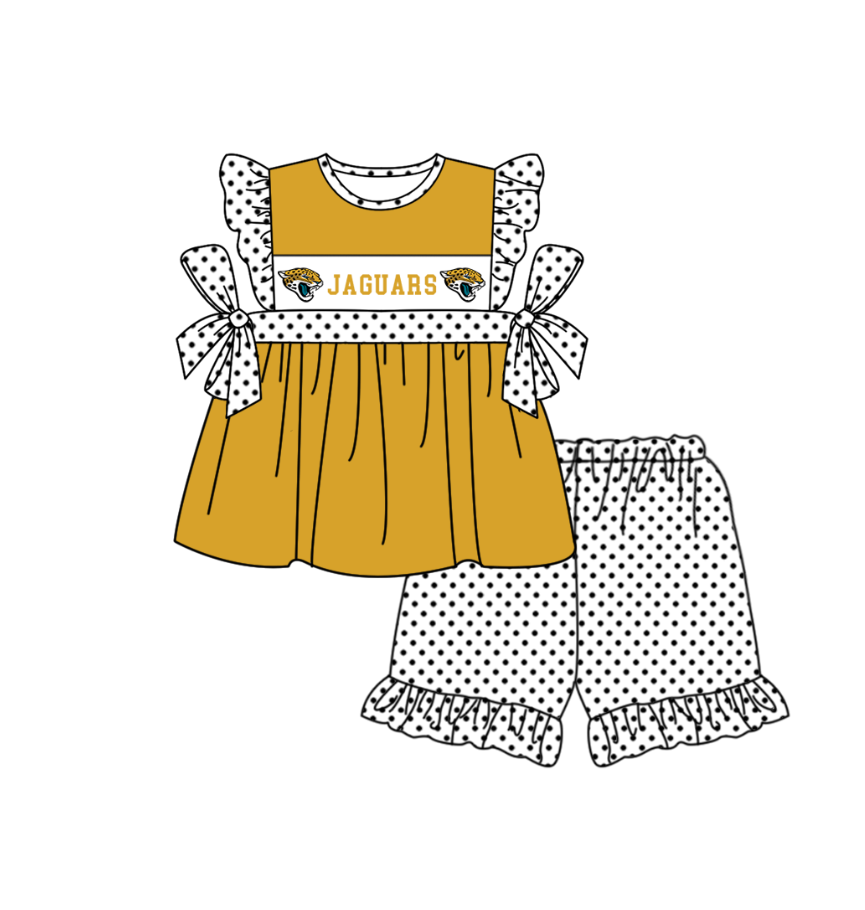 Preorder (moq 5)Baby Girls Flutter Sleeve Jaguars Tunic Polka Dots Ruffle Shorts Team Clothes Sets