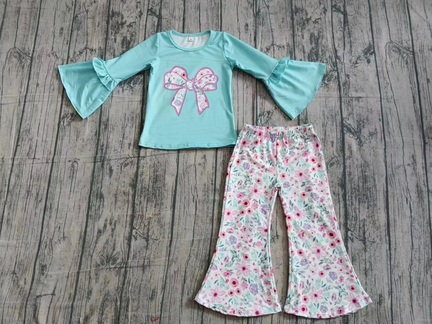 Preorder(moq 5) Baby Girls Bell Sleeve Aqua Floral Bows Top Flare Pants Clothes Set