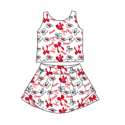 Preorder (moq 5)Baby Girls Sleeveless Red Bows Chiefs Top Skirt Short Team Clothes Sets