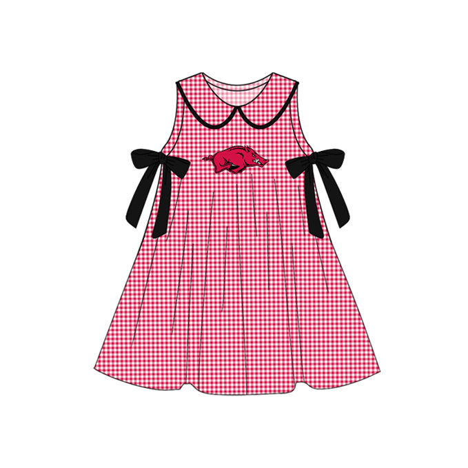 Preorder (moq 5)Baby Girls Red Plaid Sleeveless Bows Bull Team Knee Length Dresses