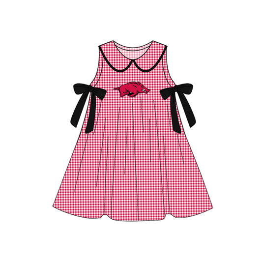 Preorder (moq 5)Baby Girls Red Plaid Sleeveless Bows Bull Team Knee Length Dresses