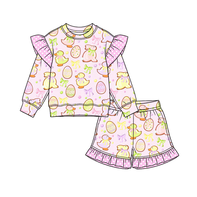 Preorder (moq 5) Baby Girl Clothes Easter Bunny Duck Gingham Mixed Print Long Sleeve Ruffle Shoulder Ruffle Short Set