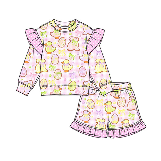 Preorder (moq 5) Baby Girl Clothes Easter Bunny Duck Gingham Mixed Print Long Sleeve Ruffle Shoulder Ruffle Short Set