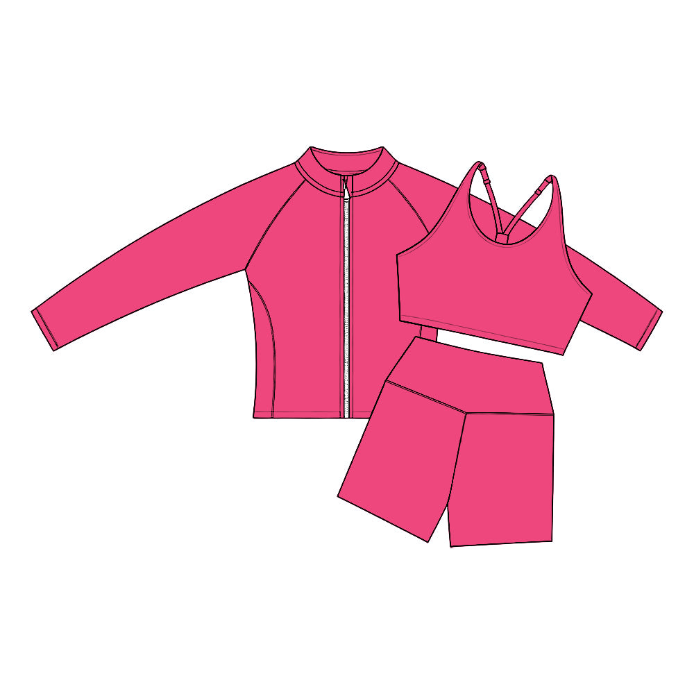 Preorder (moq 5) Baby Girl Clothes Solid Hot Pink Print Long Sleeve Zip Jacket Tank Biker Short Yoga Set