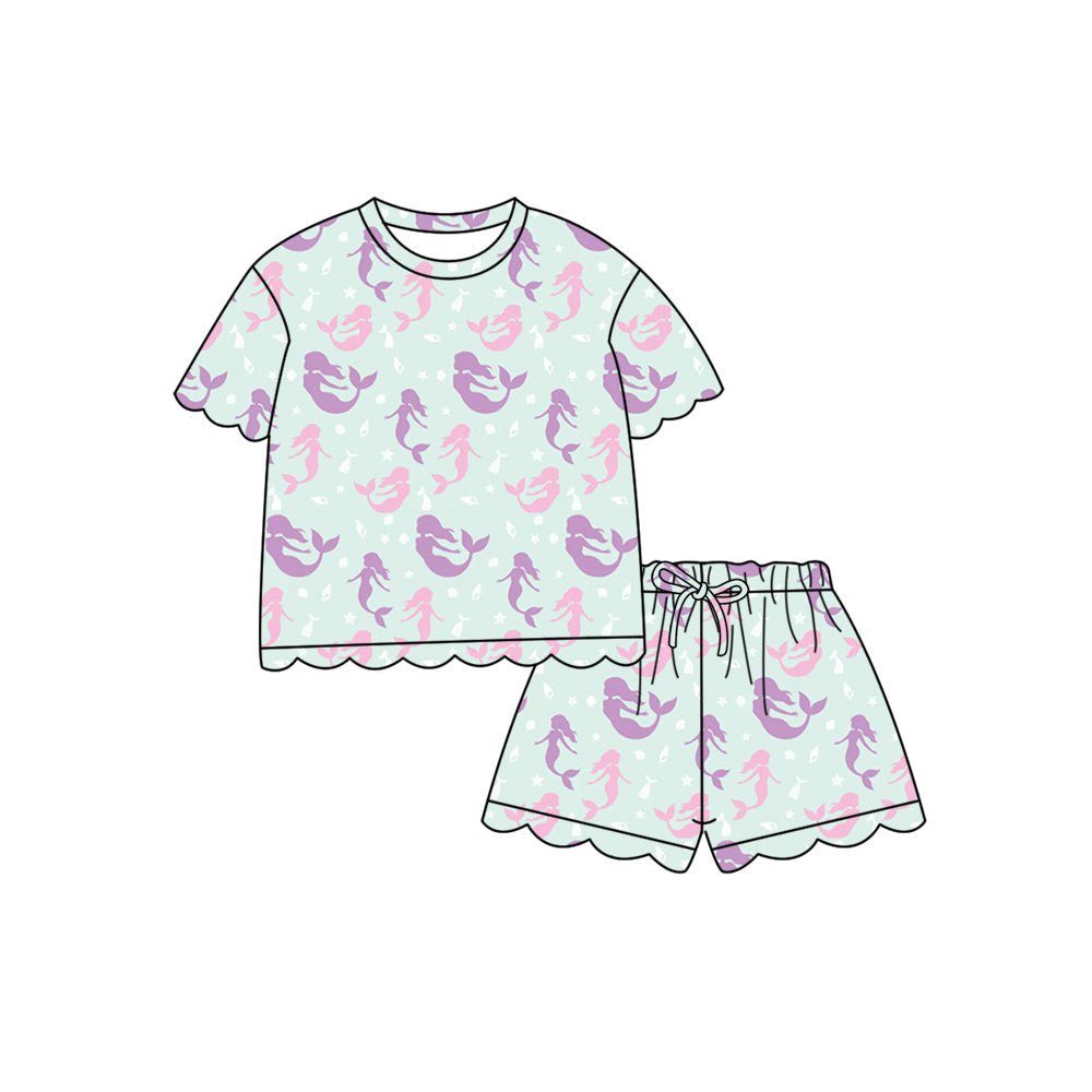 Preorder (moq 5)Baby Girls Colorful Mermaids Top Scallop Shorts Clothes Sets