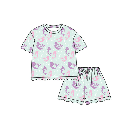 Preorder (moq 5)Baby Girls Colorful Mermaids Top Scallop Shorts Clothes Sets