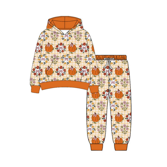 Preorder (moq 5)Baby Girls Long Sleeve Flowers Pumpkins Pocket Hoodie Jogger Fall Sets