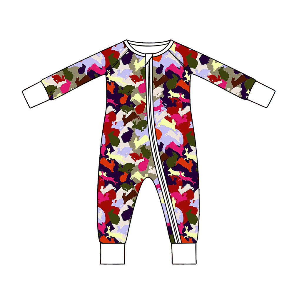 Preorder (moq 5) Baby Boy Clothes Easter Multi Color Camo Bunny Silhouette Mixed Print Long Sleeve Zipper Romper