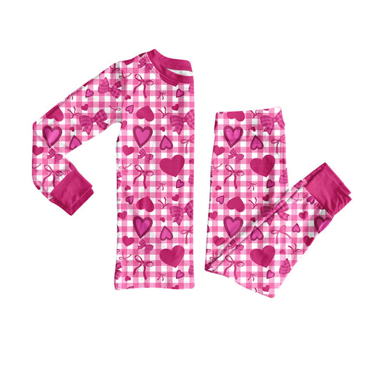 Preorder(moq 8)Baby Girls Hot Pink Checked Bows Hearts Top Pants Valentine Pajamas Sets