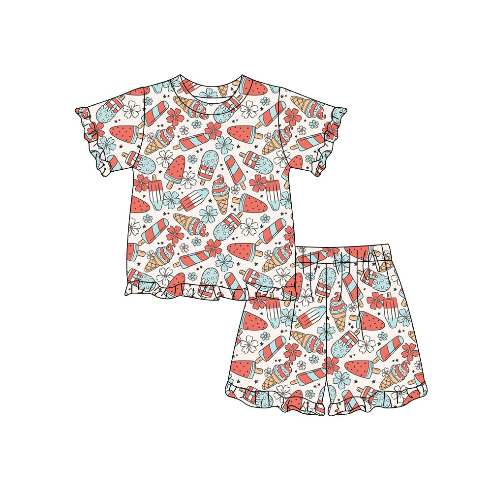 Preorder (moq 5)Baby Girls Flower Popsicle Top Ruffle Short 4th of July Clothes Sets