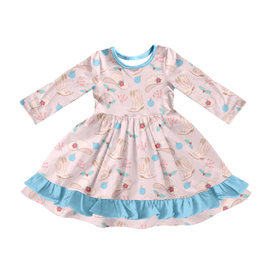 Preorder (moq 5)Baby Girls Long Sleeves Holly Hats Boots Plaid Ruffle Knee Length Dresses