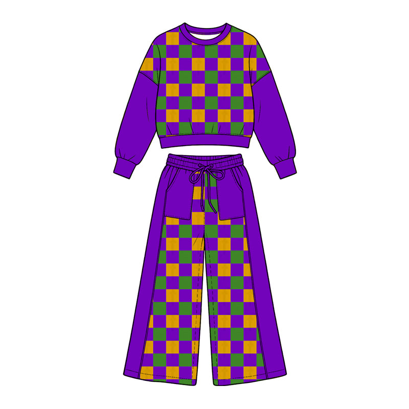 Preorder (moq5) Girl Clothes Mardi Gras Checkerboard Color Block Crop Sweatshirt Wide Leg Pants Set