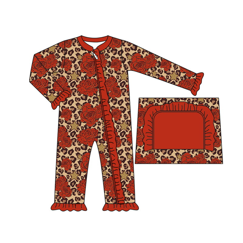 Preorder moq 5 Baby Girls Long Sleeves Leopard Rose Ruffle Zipper Pant Rompers
