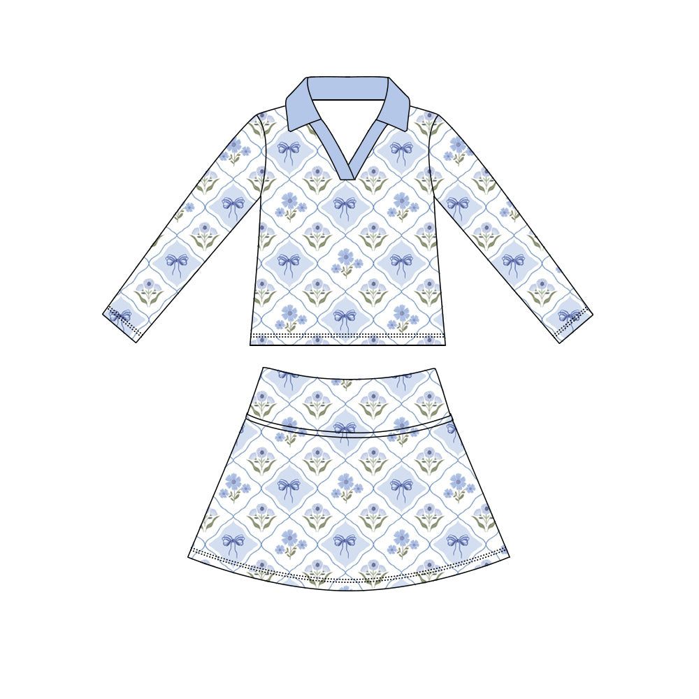 Preorder (moq 5)Baby Girls Long Sleeve Flowers Bows Checked Top Skirt Short Clothes Sets