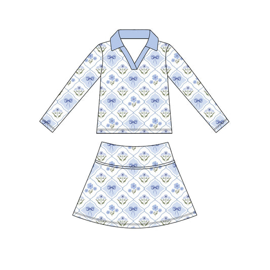 Preorder (moq 5)Baby Girls Long Sleeve Flowers Bows Checked Top Skirt Short Clothes Sets