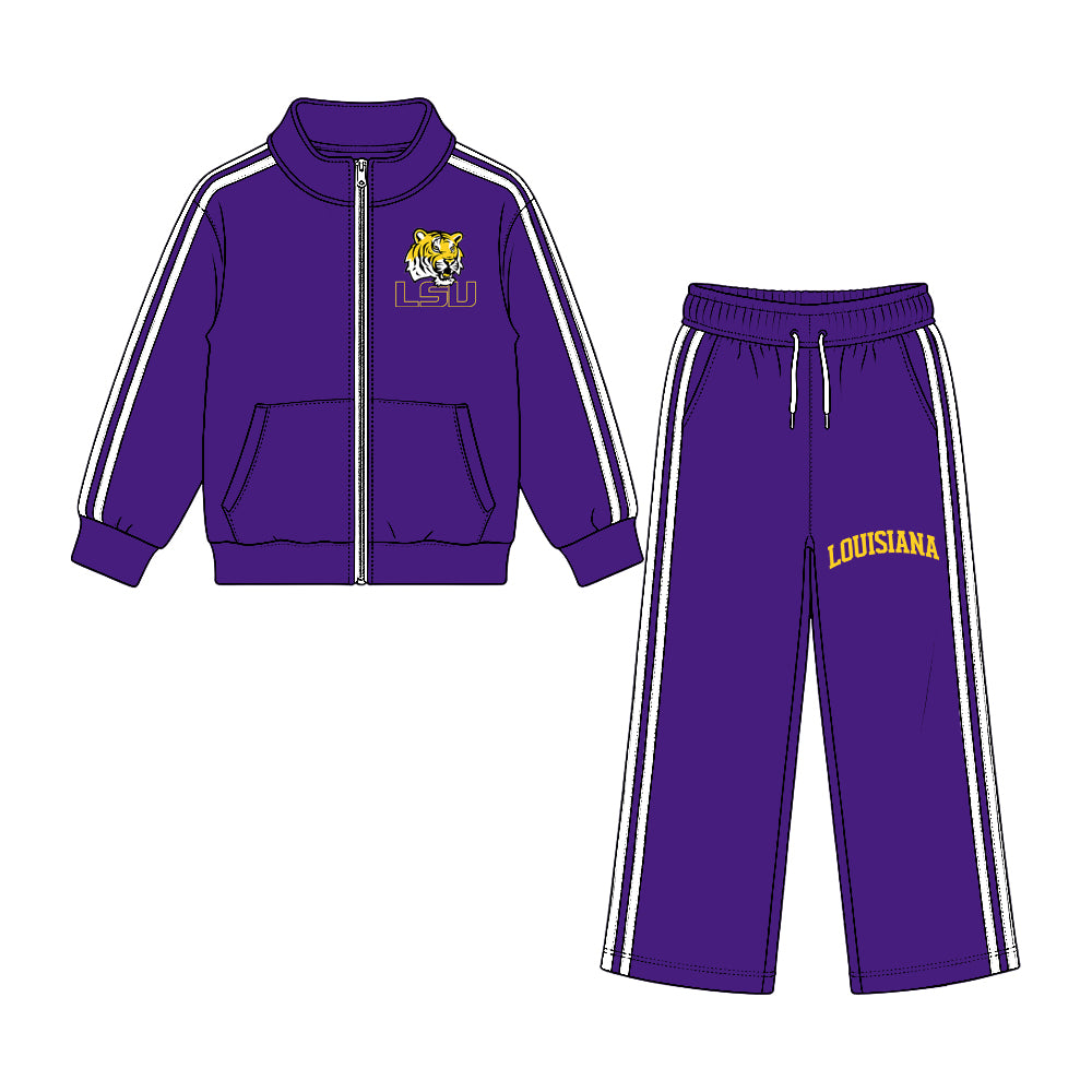 Preorder (moq 5) Baby Girl Clothes Purple Animal Logo Graphic Print Long Sleeve Zip Jacket Wide Leg Pant Outfit Set