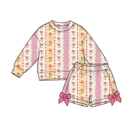 Preorder (moq 5) Baby Girl Clothes Vintage Floral Striped Print Long Sleeve Top Bow Shorts Outfit Set